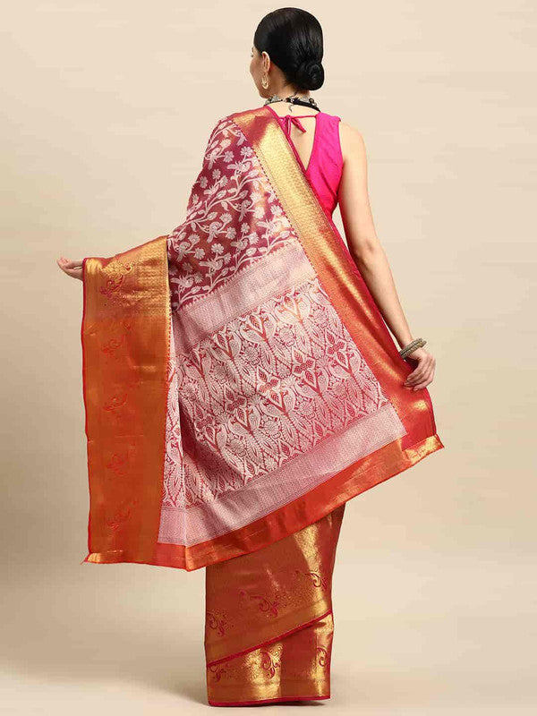 Pink Brocade Woven Zari Design Floral Saree with Unstitched Blouse - Hiral Fashion | Swadesiicart