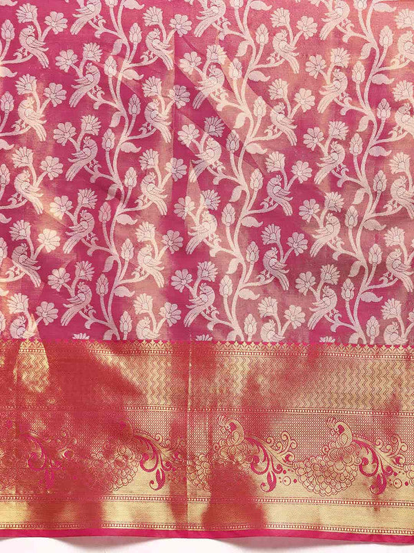 Pink Brocade Woven Zari Design Floral Saree with Unstitched Blouse - Hiral Fashion | Swadesiicart