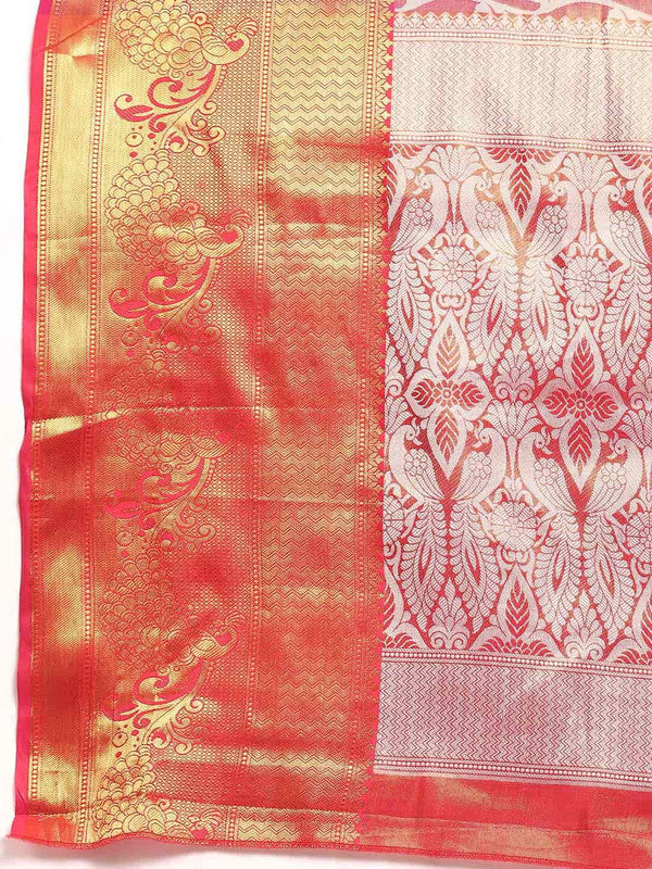 Pink Brocade Woven Zari Design Floral Saree with Unstitched Blouse - Hiral Fashion | Swadesiicart