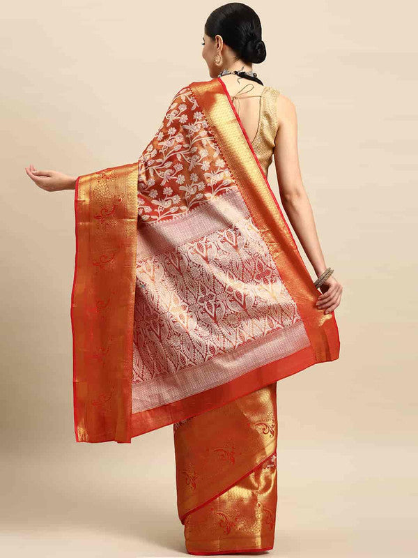 Red Brocade Woven Zari Design Floral Saree with Unstitched Blouse - Hiral Fashion | Swadesiicart