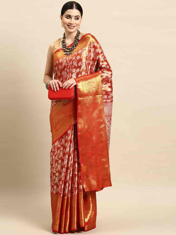 Red Brocade Woven Zari Design Floral Saree with Unstitched Blouse - Hiral Fashion | Swadesiicart
