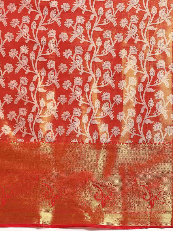 Red Brocade Woven Zari Design Floral Saree with Unstitched Blouse - Hiral Fashion | Swadesiicart