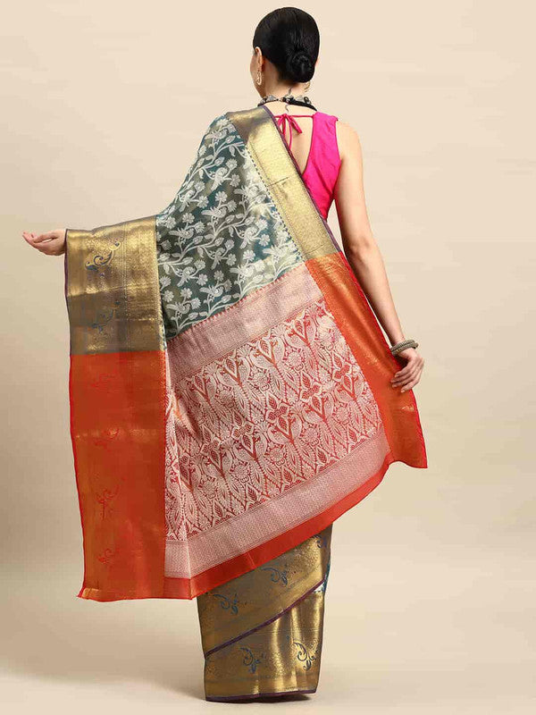 Turquoise Brocade Woven Zari Design Floral Saree with Unstitched Blouse - Hiral Fashion | Swadesiicart
