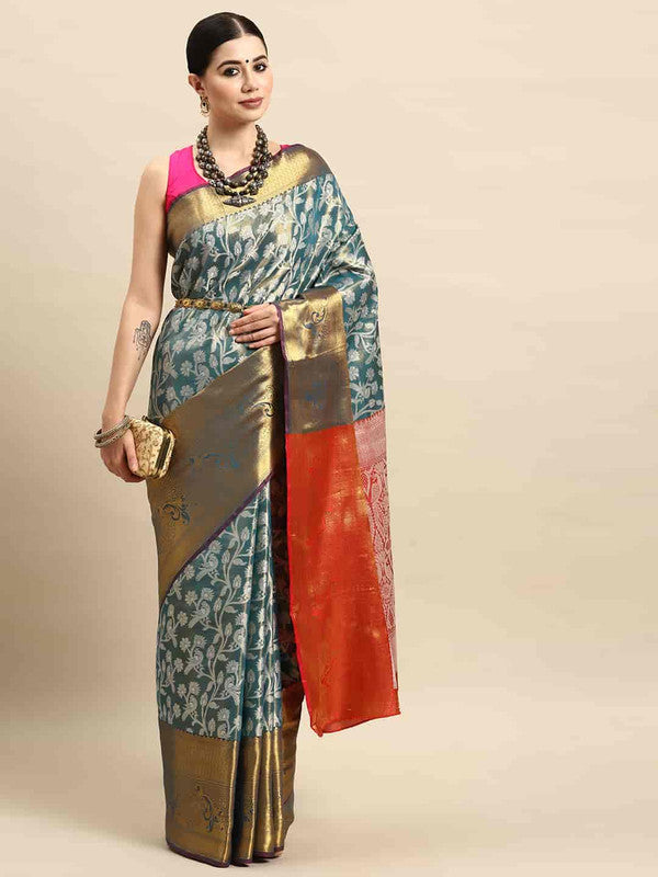 Turquoise Brocade Woven Zari Design Floral Saree with Unstitched Blouse - Hiral Fashion | Swadesiicart