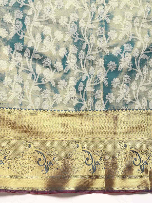 Turquoise Brocade Woven Zari Design Floral Saree with Unstitched Blouse - Hiral Fashion | Swadesiicart