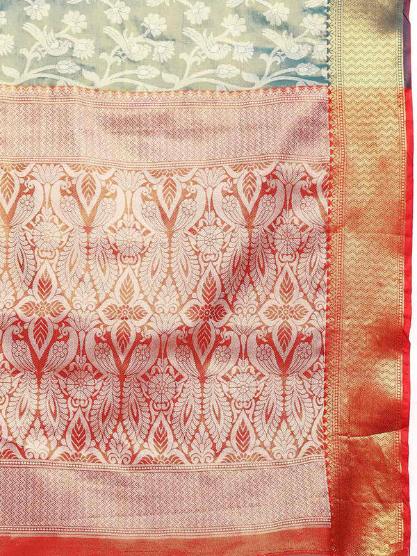 Turquoise Brocade Woven Zari Design Floral Saree with Unstitched Blouse - Hiral Fashion | Swadesiicart