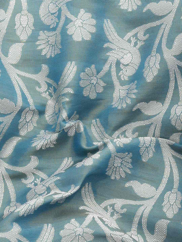 Turquoise Brocade Woven Zari Design Floral Saree with Unstitched Blouse - Hiral Fashion | Swadesiicart