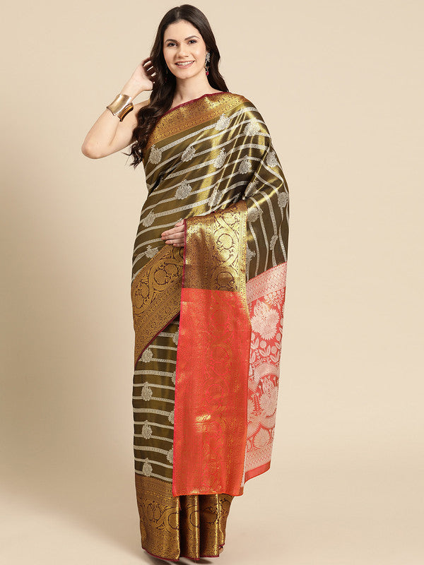 Black Silk Blend Woven Zari Design Striped Saree with Unstitched Blouse - Hiral Fashion | Swadesiicart