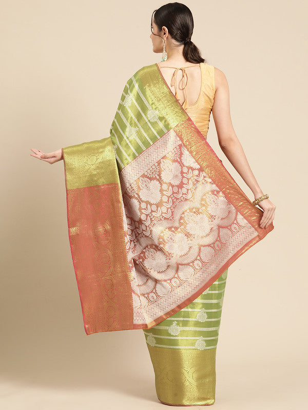 Green Silk Blend Woven Zari Design Striped Saree with Unstitched Blouse - Hiral Fashion | Swadesiicart