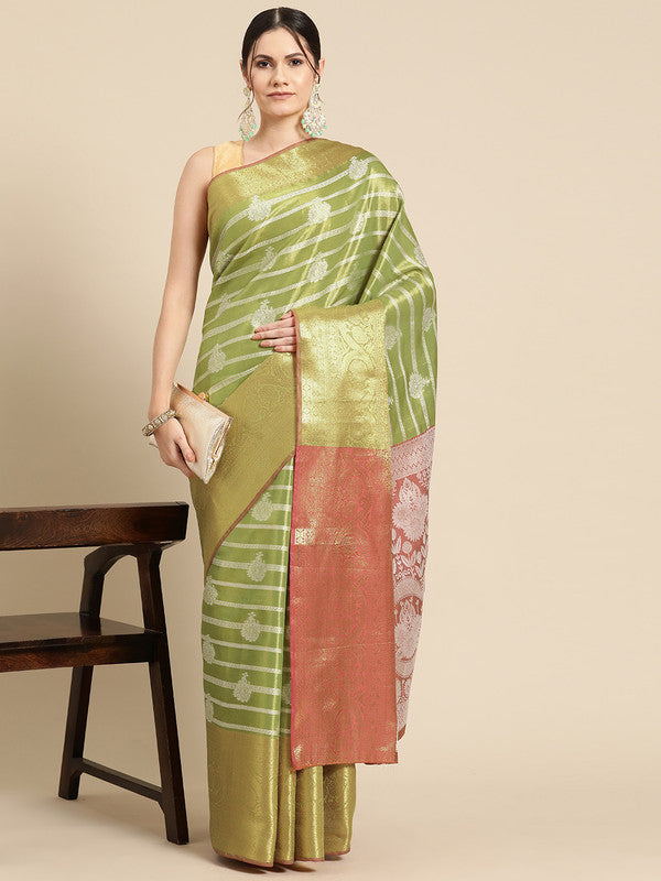 Green Silk Blend Woven Zari Design Striped Saree with Unstitched Blouse - Hiral Fashion | Swadesiicart
