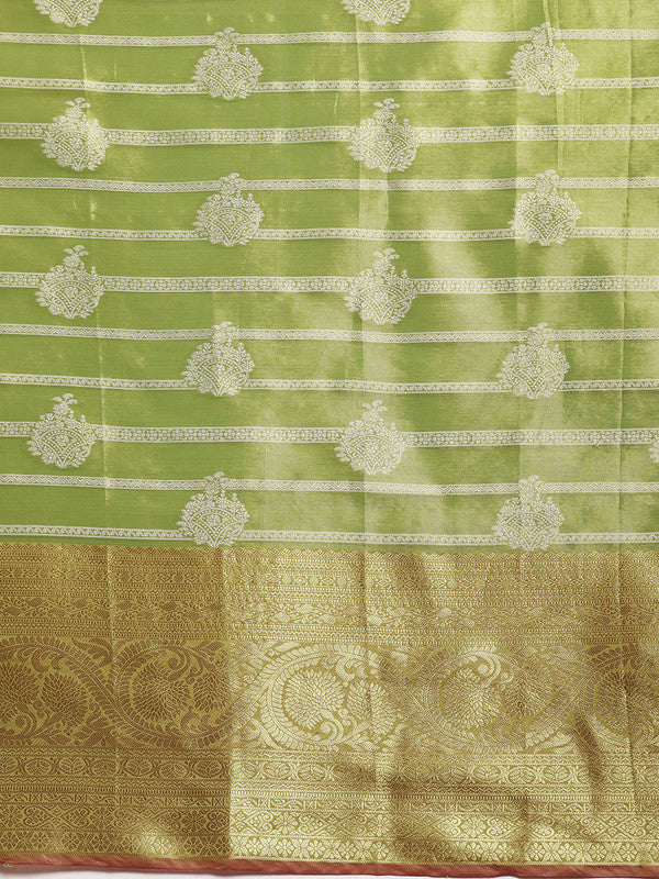 Green Silk Blend Woven Zari Design Striped Saree with Unstitched Blouse - Hiral Fashion | Swadesiicart