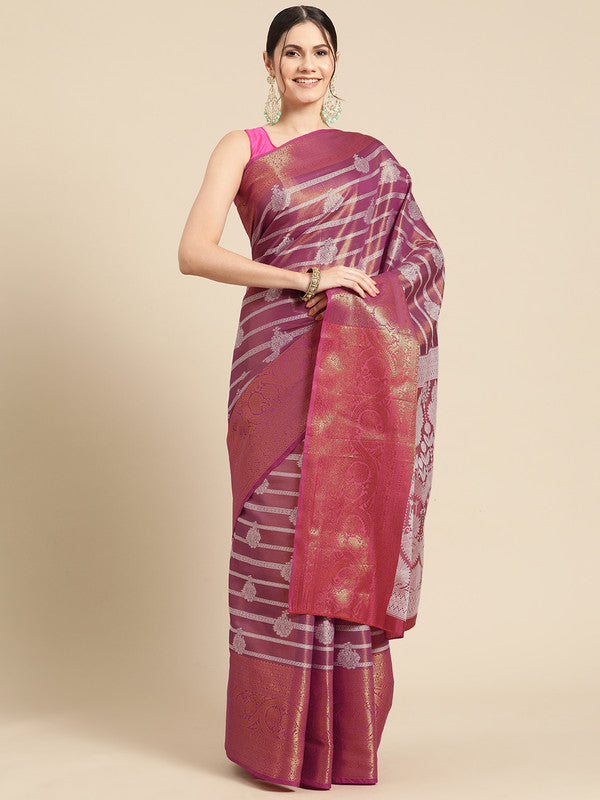 Pink Silk Blend Woven Zari Design Striped Saree with Unstitched Blouse - Hiral Fashion | Swadesiicart