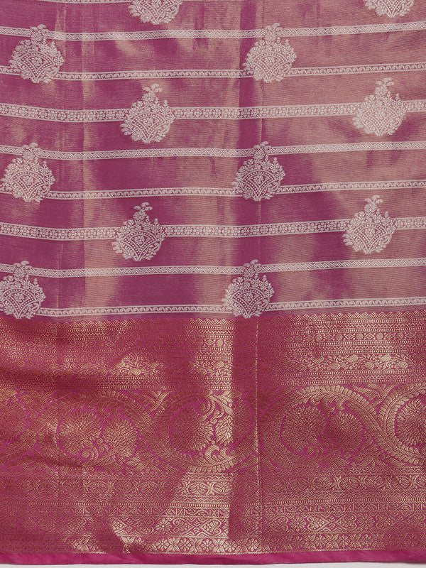 Pink Silk Blend Woven Zari Design Striped Saree with Unstitched Blouse - Hiral Fashion | Swadesiicart
