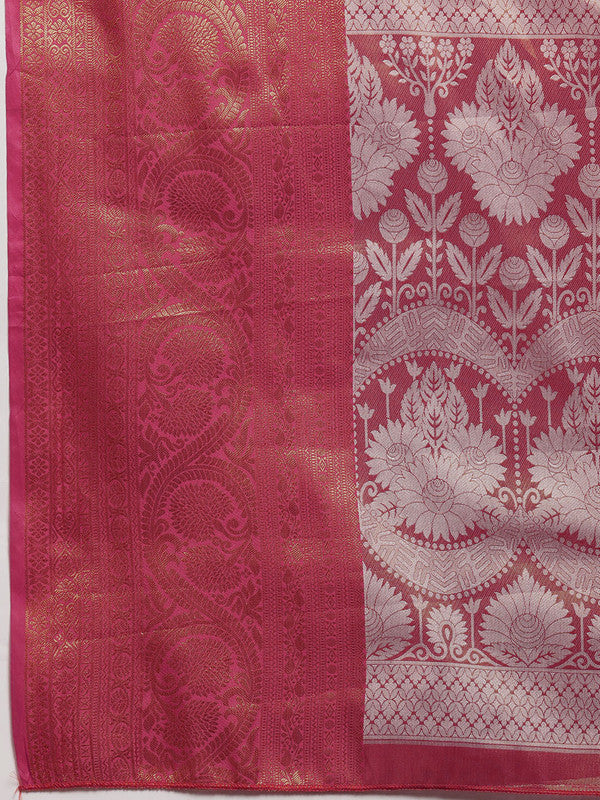Pink Silk Blend Woven Zari Design Striped Saree with Unstitched Blouse - Hiral Fashion | Swadesiicart