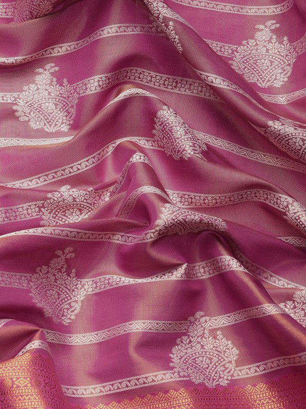 Pink Silk Blend Woven Zari Design Striped Saree with Unstitched Blouse - Hiral Fashion | Swadesiicart