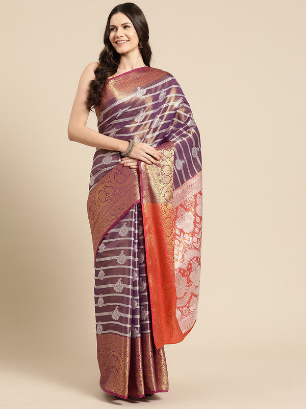 Purple Silk Blend Woven Zari Design Striped Saree with Unstitched Blouse - Hiral Fashion | Swadesiicart