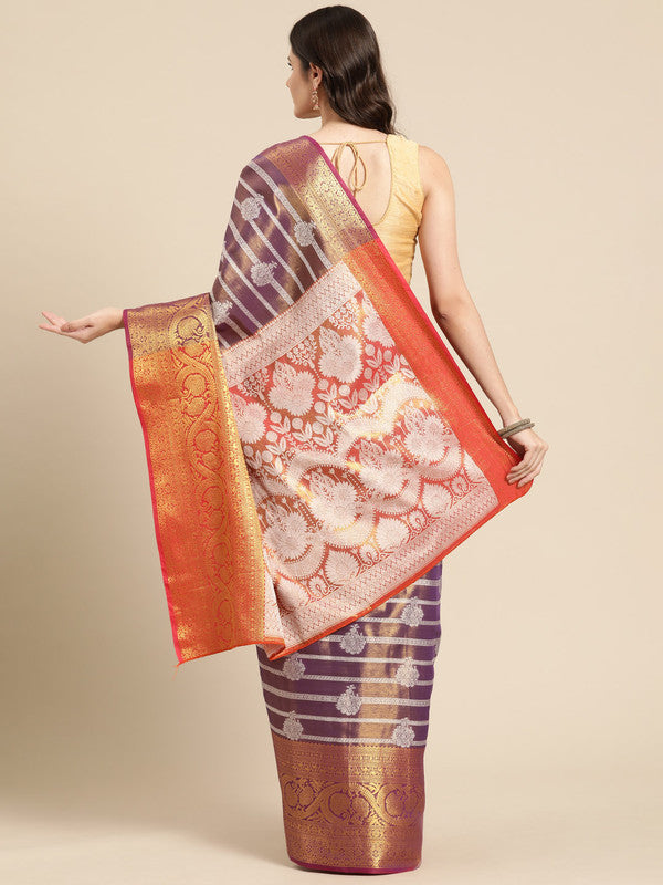 Purple Silk Blend Woven Zari Design Striped Saree with Unstitched Blouse - Hiral Fashion | Swadesiicart