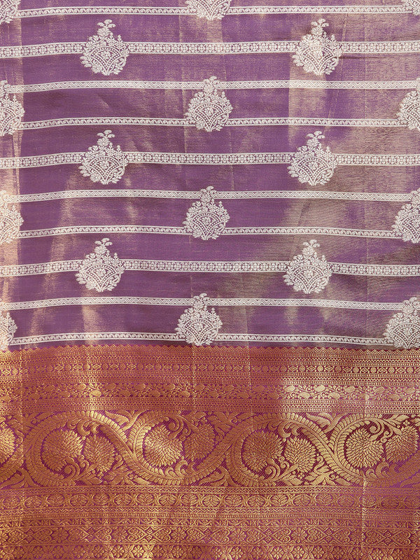 Purple Silk Blend Woven Zari Design Striped Saree with Unstitched Blouse - Hiral Fashion | Swadesiicart