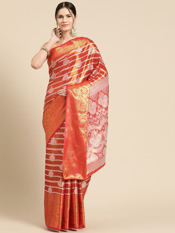 Red Silk Blend Woven Zari Design Striped Saree with Unstitched Blouse - Hiral Fashion | Swadesiicart