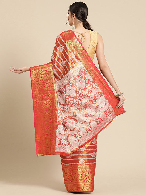 Red Silk Blend Woven Zari Design Striped Saree with Unstitched Blouse - Hiral Fashion | Swadesiicart