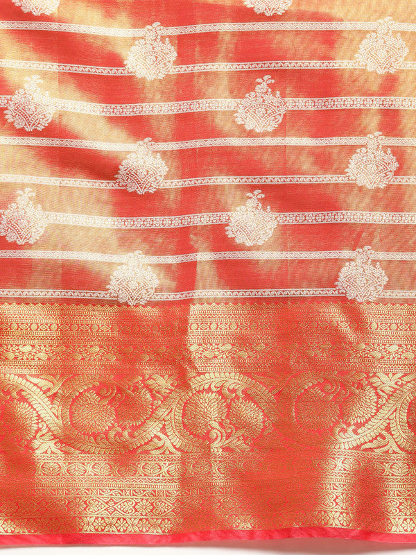 Red Silk Blend Woven Zari Design Striped Saree with Unstitched Blouse - Hiral Fashion | Swadesiicart