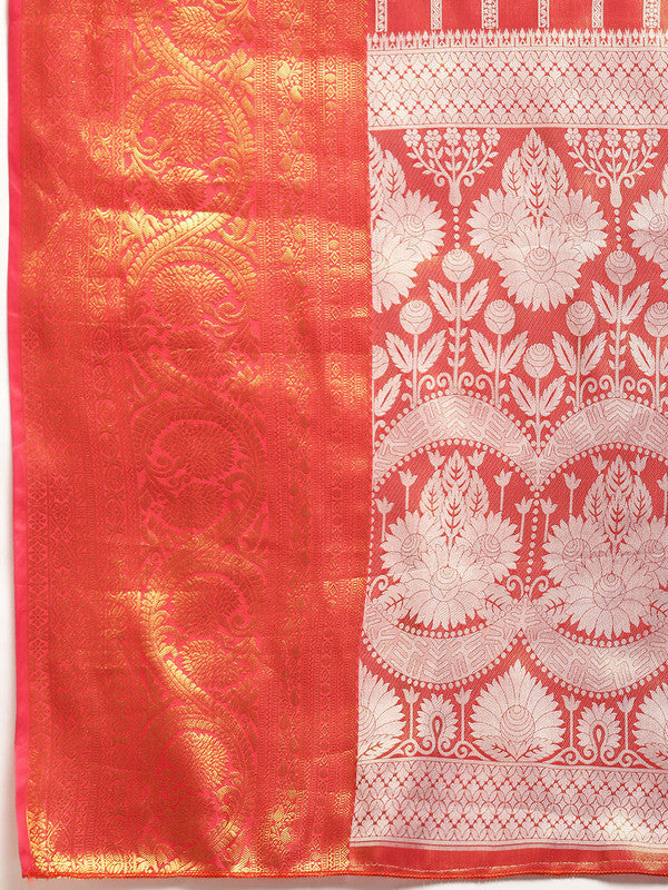 Red Silk Blend Woven Zari Design Striped Saree with Unstitched Blouse - Hiral Fashion | Swadesiicart