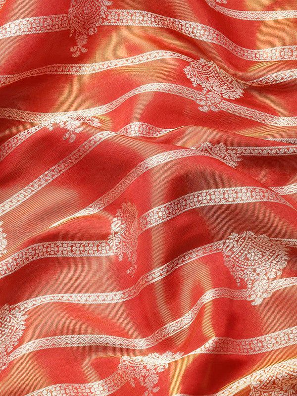Red Silk Blend Woven Zari Design Striped Saree with Unstitched Blouse - Hiral Fashion | Swadesiicart