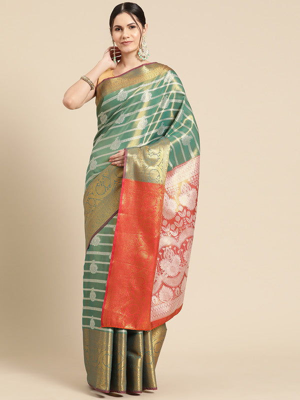 Turquoise Silk Blend Woven Zari Design Striped Saree with Unstitched Blouse - Hiral Fashion | Swadesiicart