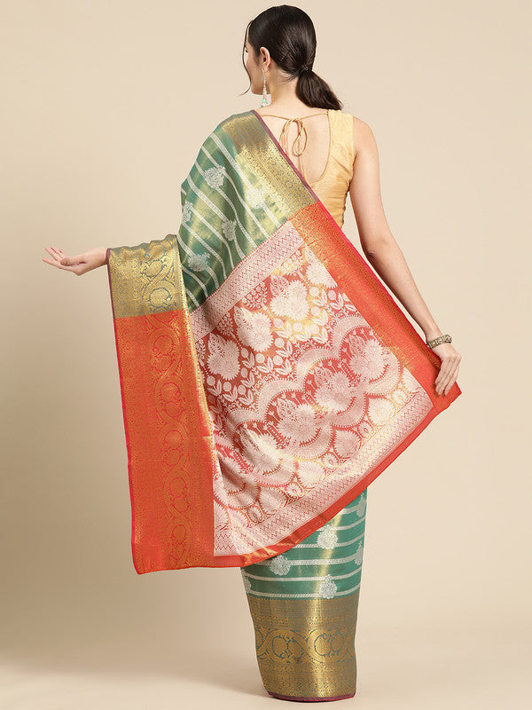 Turquoise Silk Blend Woven Zari Design Striped Saree with Unstitched Blouse - Hiral Fashion | Swadesiicart