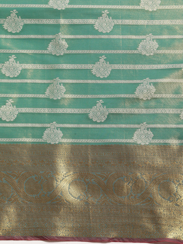 Turquoise Silk Blend Woven Zari Design Striped Saree with Unstitched Blouse - Hiral Fashion | Swadesiicart