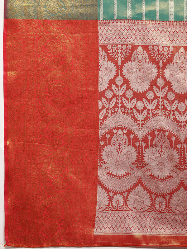 Turquoise Silk Blend Woven Zari Design Striped Saree with Unstitched Blouse - Hiral Fashion | Swadesiicart