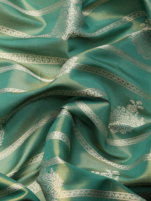 Turquoise Silk Blend Woven Zari Design Striped Saree with Unstitched Blouse - Hiral Fashion | Swadesiicart