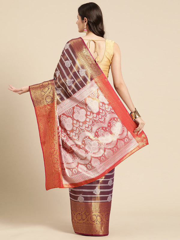 Purple Silk Blend Woven Zari Design Striped Saree with Unstitched Blouse - Hiral Fashion | Swadesiicart