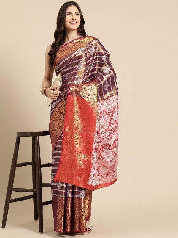 Purple Silk Blend Woven Zari Design Striped Saree with Unstitched Blouse - Hiral Fashion | Swadesiicart