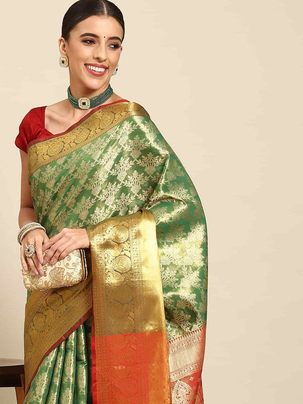 Green Art Silk Woven Zari Design Floral Saree with Unstitched Blouse - Hiral Fashion | Swadesiicart