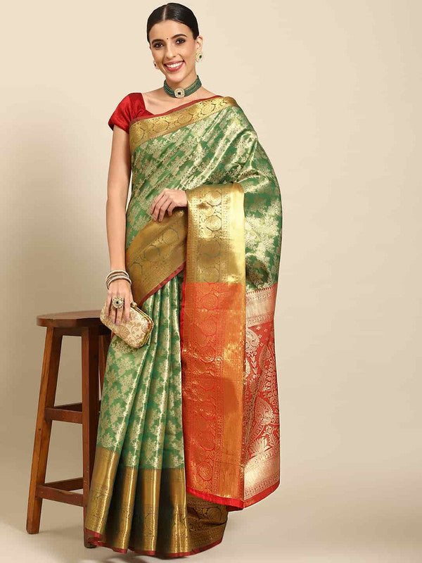 Green Art Silk Woven Zari Design Floral Saree with Unstitched Blouse - Hiral Fashion | Swadesiicart