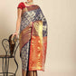 Navy Blue Art Silk Woven Zari Design Floral Saree with Unstitched Blouse - Hiral Fashion | Swadesiicart