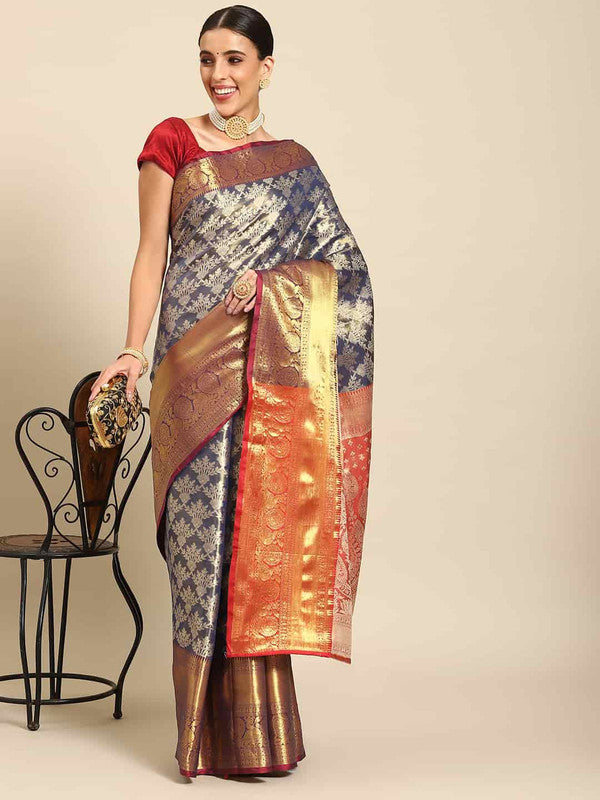 Navy Blue Art Silk Woven Zari Design Floral Saree with Unstitched Blouse - Hiral Fashion | Swadesiicart