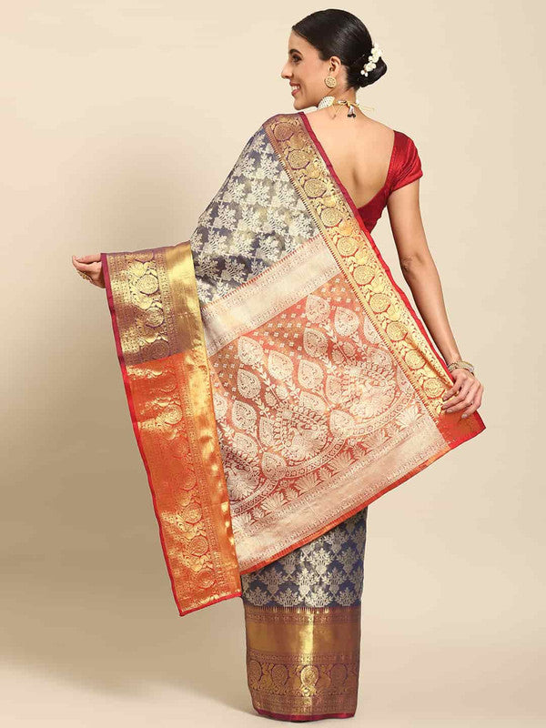 Navy Blue Art Silk Woven Zari Design Floral Saree with Unstitched Blouse - Hiral Fashion | Swadesiicart