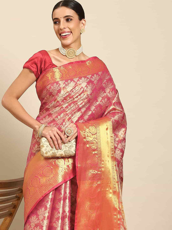 Pink Art Silk Woven Zari Design Floral Saree with Unstitched Blouse - Hiral Fashion | Swadesiicart