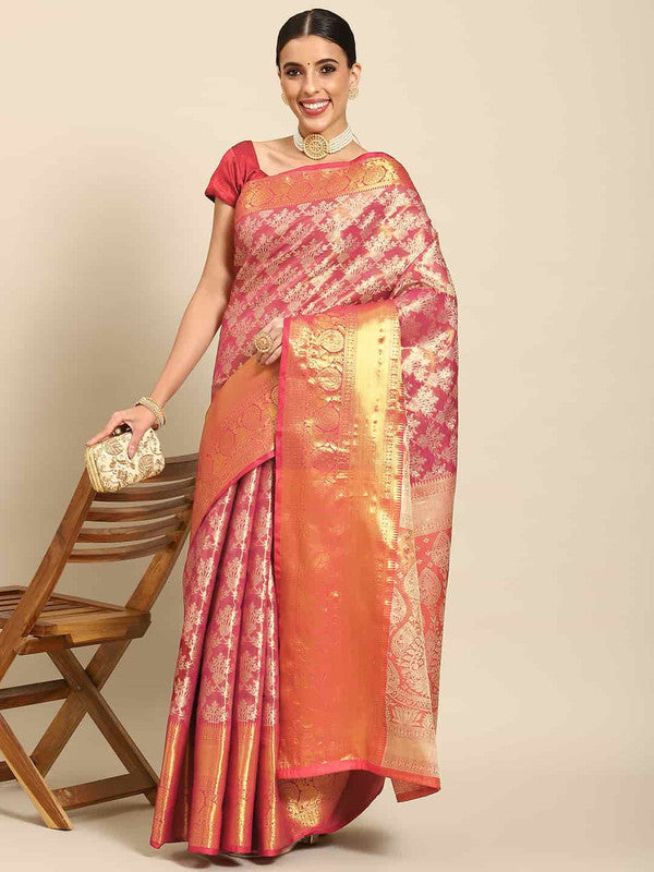 Pink Art Silk Woven Zari Design Floral Saree with Unstitched Blouse - Hiral Fashion | Swadesiicart