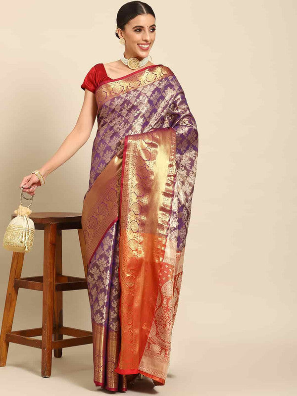 Purple Art Silk Woven Zari Design Floral Saree with Unstitched Blouse - Hiral Fashion | Swadesiicart