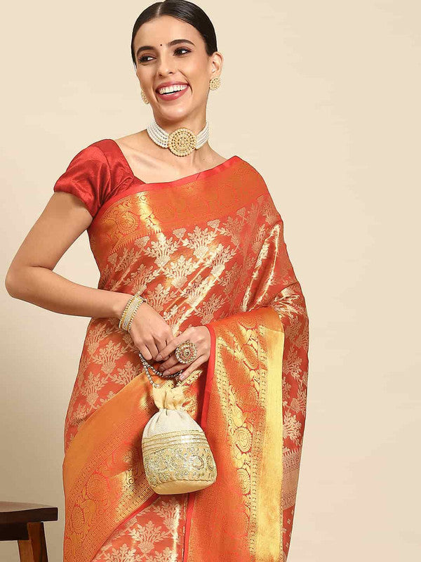 Red Art Silk Woven Zari Design Floral Saree with Unstitched Blouse - Hiral Fashion | Swadesiicart