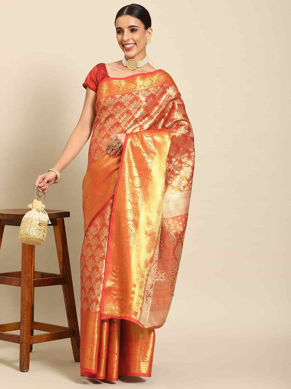 Red Art Silk Woven Zari Design Floral Saree with Unstitched Blouse - Hiral Fashion | Swadesiicart