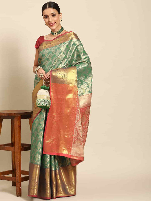Turquoise Art Silk Woven Zari Design Floral Saree with Unstitched Blouse - Hiral Fashion | Swadesiicart