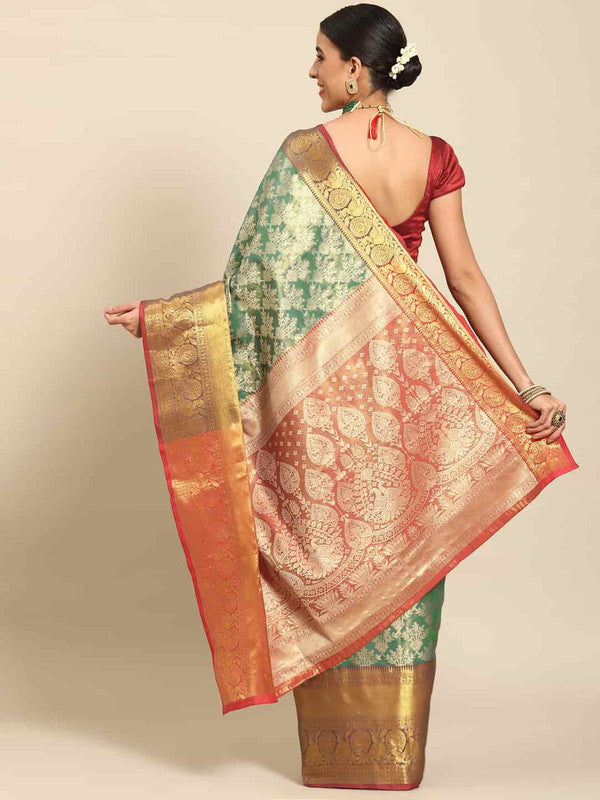 Turquoise Art Silk Woven Zari Design Floral Saree with Unstitched Blouse - Hiral Fashion | Swadesiicart