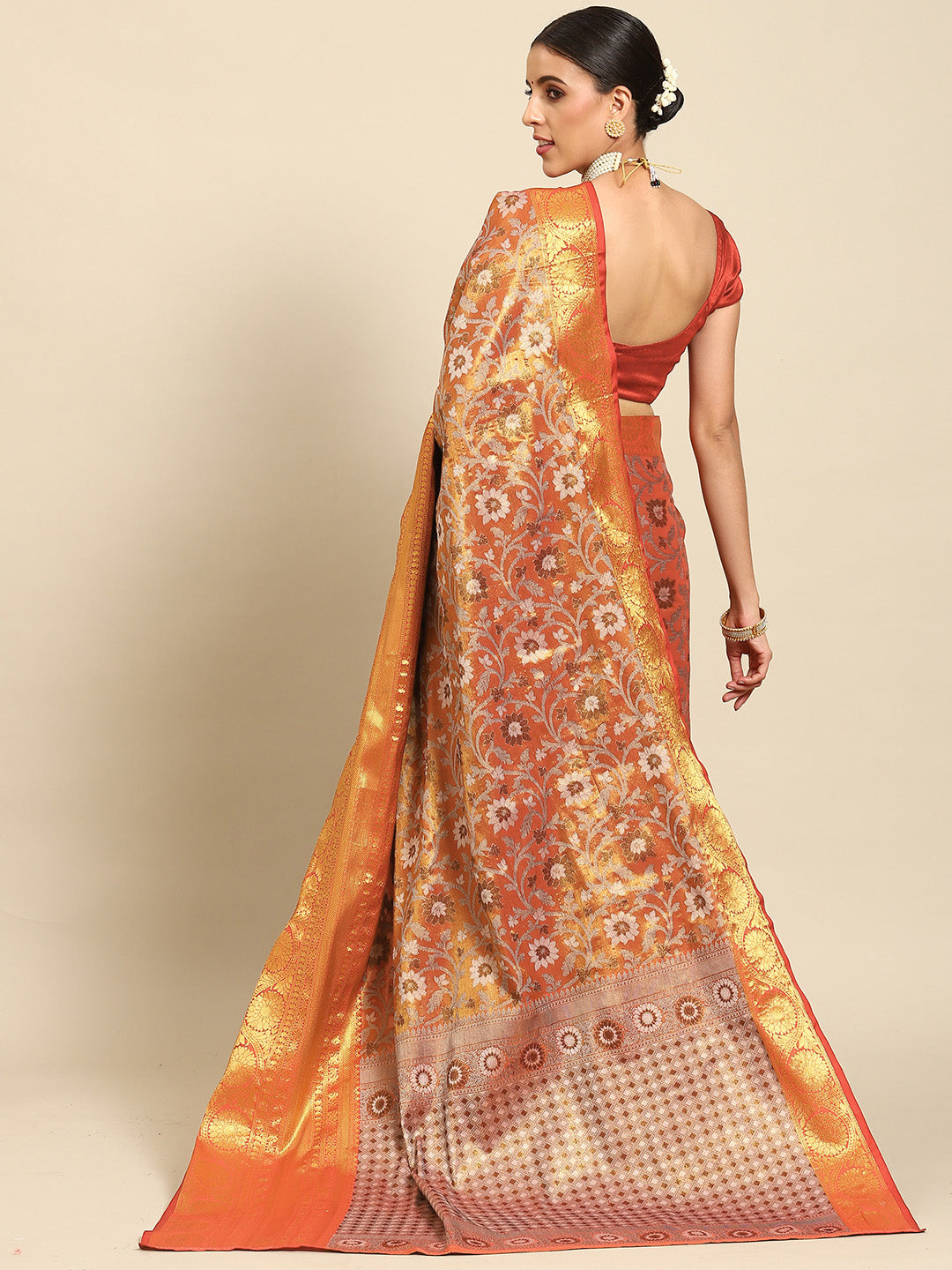 Hiral Fashion Red Kanjeevaram Art Silk Floral Woven Zari Design Saree | Swadesiicart