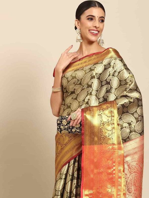 Black Art Silk Woven Zari Design Floral Saree with Unstitched Blouse - Hiral Fashion | Swadesiicart