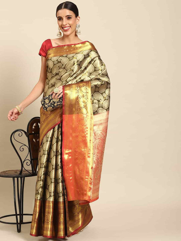 Black Art Silk Woven Zari Design Floral Saree with Unstitched Blouse - Hiral Fashion | Swadesiicart