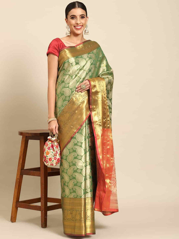 Green Art Silk Woven Zari Design Floral Saree with Unstitched Blouse - Hiral Fashion | Swadesiicart